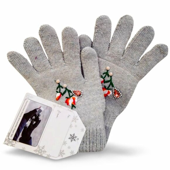 Vibrant Grey Knit Orange Floral Embroidered Crystal Beanie & Glove Set TT1550 - Picture 5 of 6